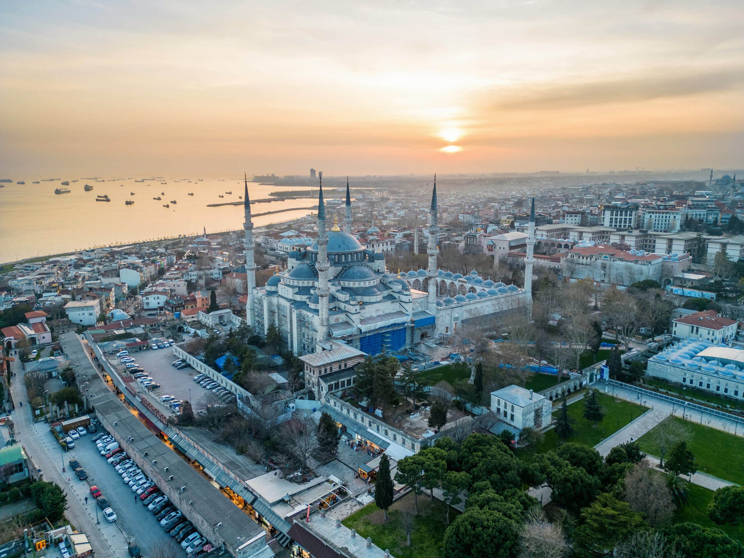 Aerial drone view of The Blue Mosque in Istanbul at sunset, Turkey
